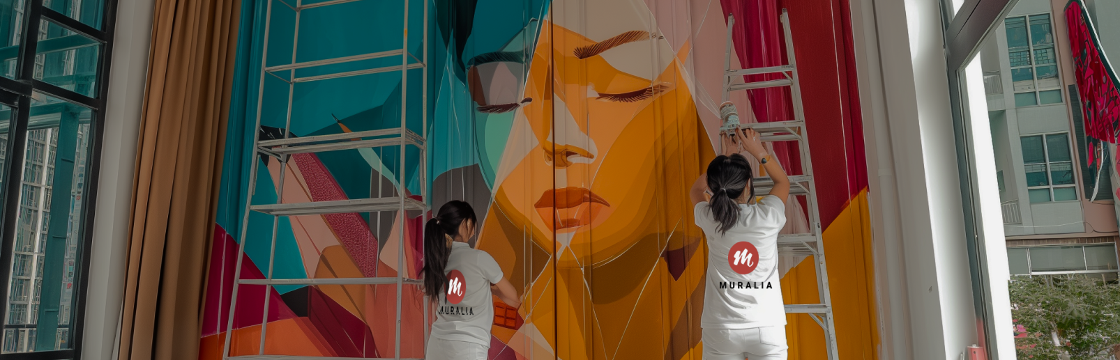 Dos muralistas de muralia pintando a una mujer colorida en la sala de una casa.