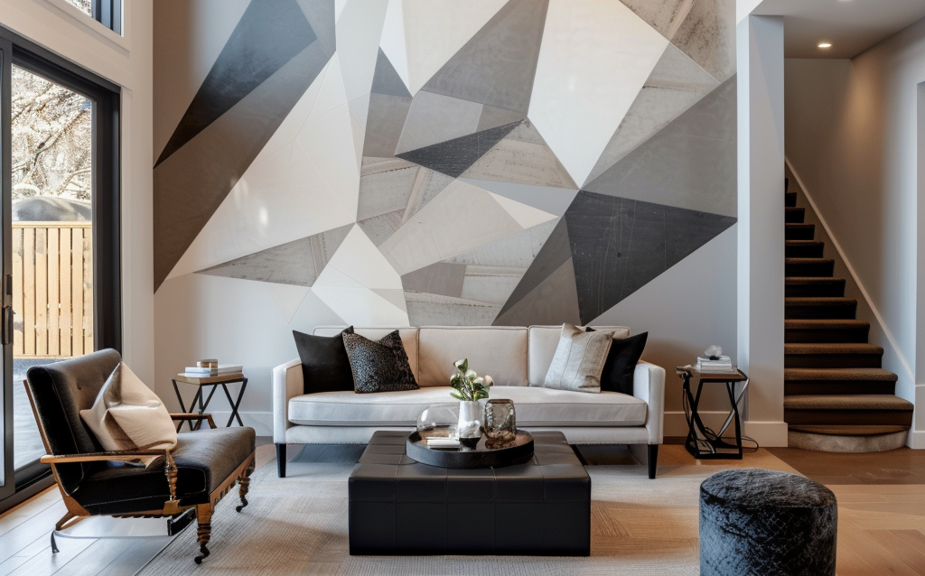 Mural interior geometrico decorativo instalado en la sala de un hogar.