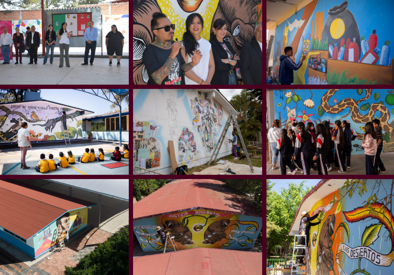 ollage de imágenes mostrando murales educativos en escuelas de Michoacán. Incluye artistas en acción, niños observando los murales, y varios murales completos con temas ambientales y culturales.