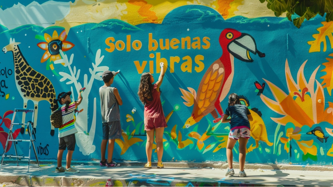 niños pintando murales en espacios públicos