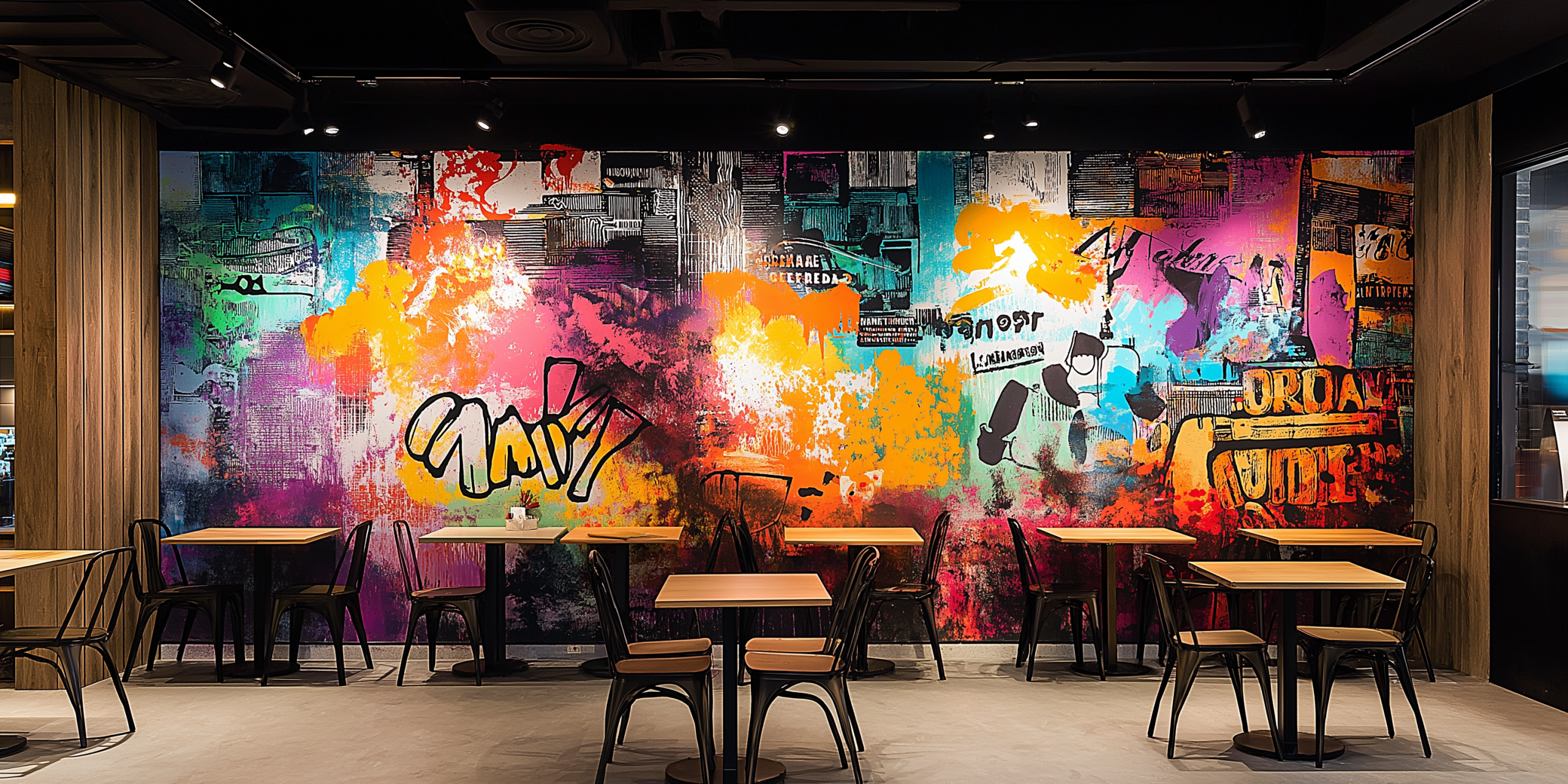 Ejemplo de Café Urbano: Un mural que combina ilustraciones de elementos urbanos con colores vibrantes para crear un ambiente acogedor y moderno.