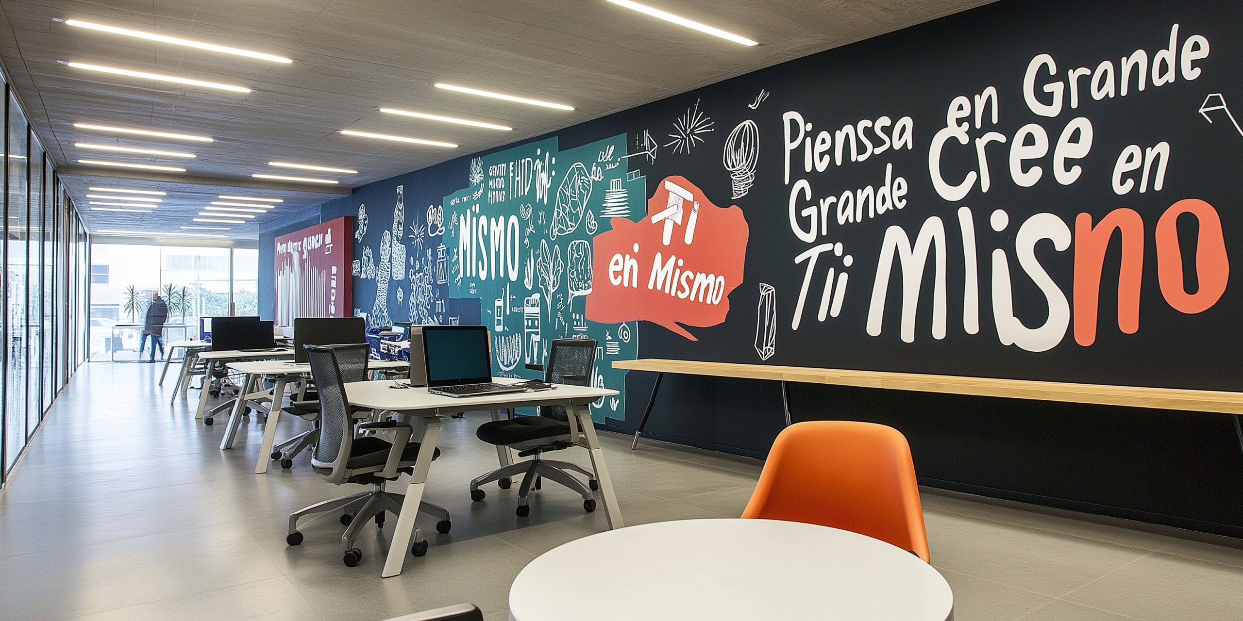 Ejemplo de una oficina creativa: Murales tipográficos que motivan e inspiran a los empleados con frases como "Piensa en Grande" y "Cree en Ti Mismo".