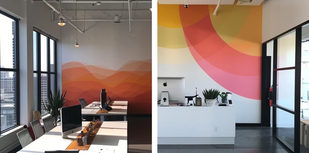 Oficinas corporativas mejoradas con un mural personalizado por la empresa que refuerza su identidad y atrae mas clientes.