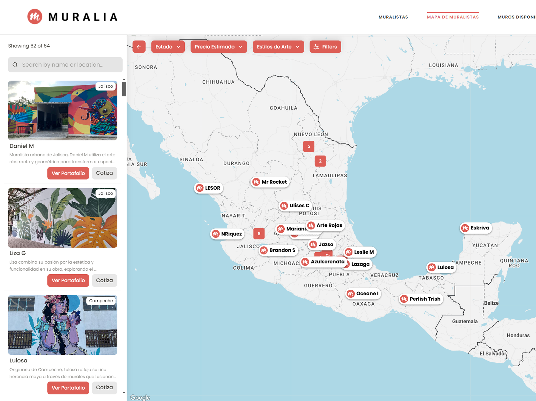 Vista del mapa interactivo de muralistas en Muralia mostrando perfiles de artistas con filtros y opciones de cotización.