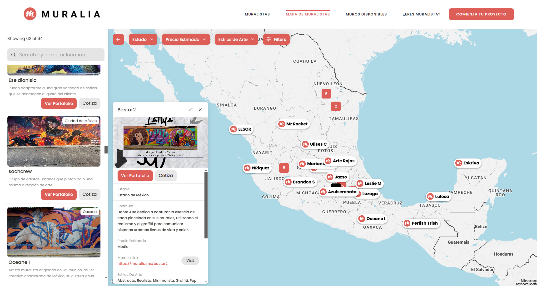 mapa interactivo mostrando muralistas registrados y sus perfiles.