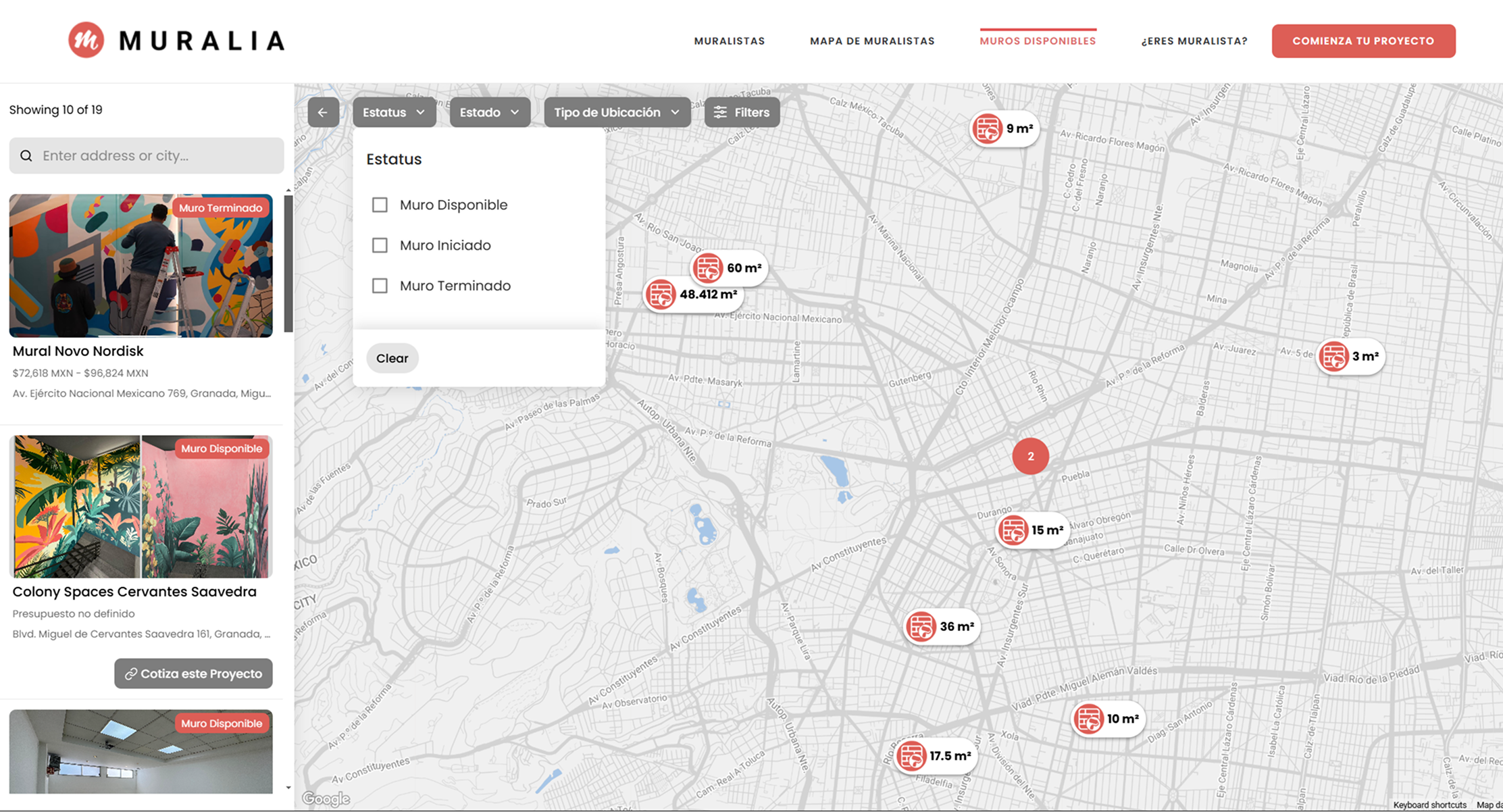 Pantalla de Muralia mostrando muros disponibles para proyectos de arte urbano con información de metraje y presupuesto.